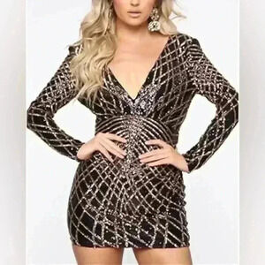 Fashion Nova Sequin Long Sleeve Deep VNeck Backless Mini Dress Womens Size Large